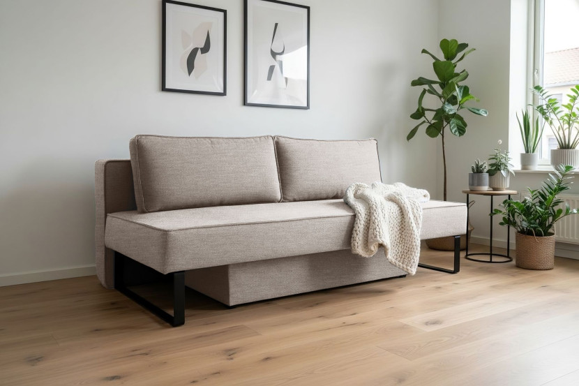 Sofa z funkcją spania i pojemnikiem NOMI, tkanina Faro, Jasnoszary