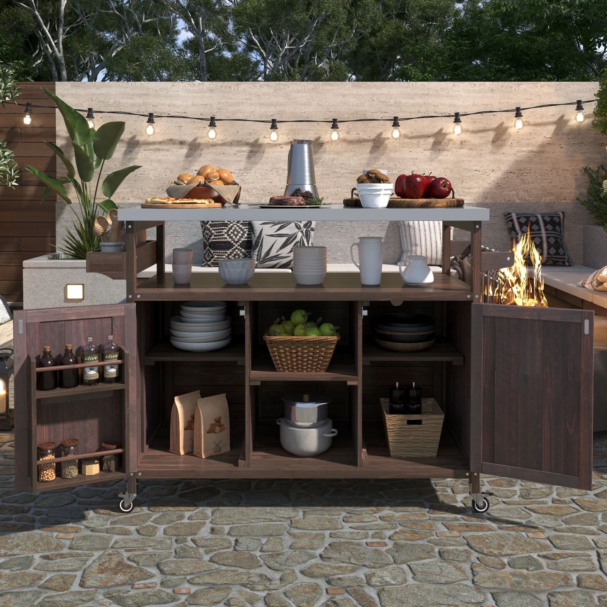 Outdoor Kitchen Island, Rolling Bar Cart & Storage Cabinet, Farmhouse Outdoor Grill Table with Stainless Steel Top & Towel Rack