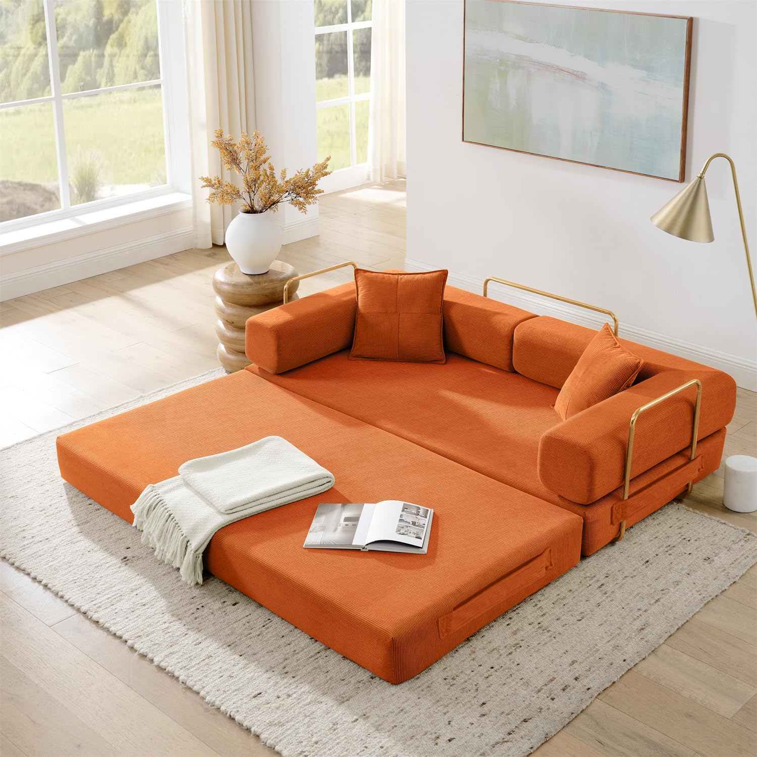 4-in-1 Folding Convertible Sofa Bed, 78 Inch Boneless Couch with Fixed-Shape Frame, Corduroy Loveseat Sleeper with Pull Out Bed, Floor Sofa Modular Futon Couch for Living Room Bedroom Lounge (Orange)