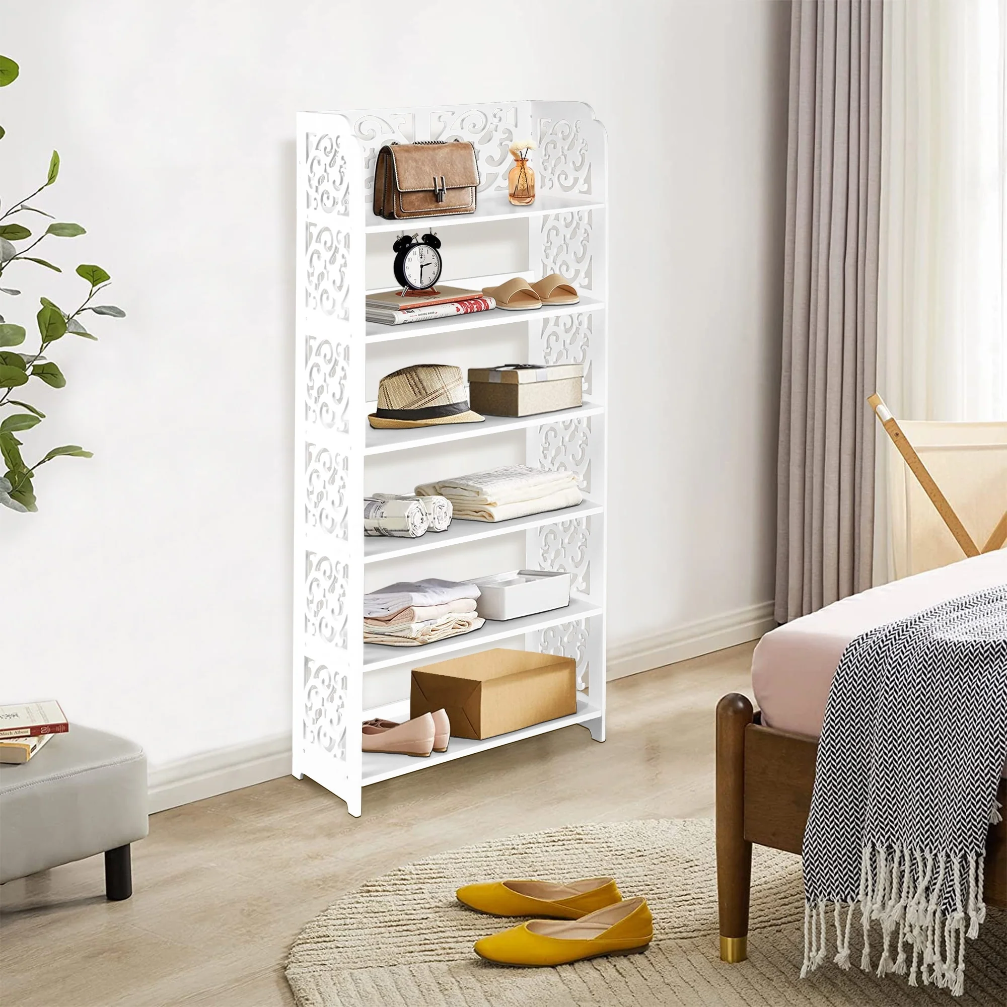 HELLO LAURA Versatile 6-Tier Wood-Plastic Shoe Rack Shoes Tower 18 Of Pairs Of Shoe White Finish