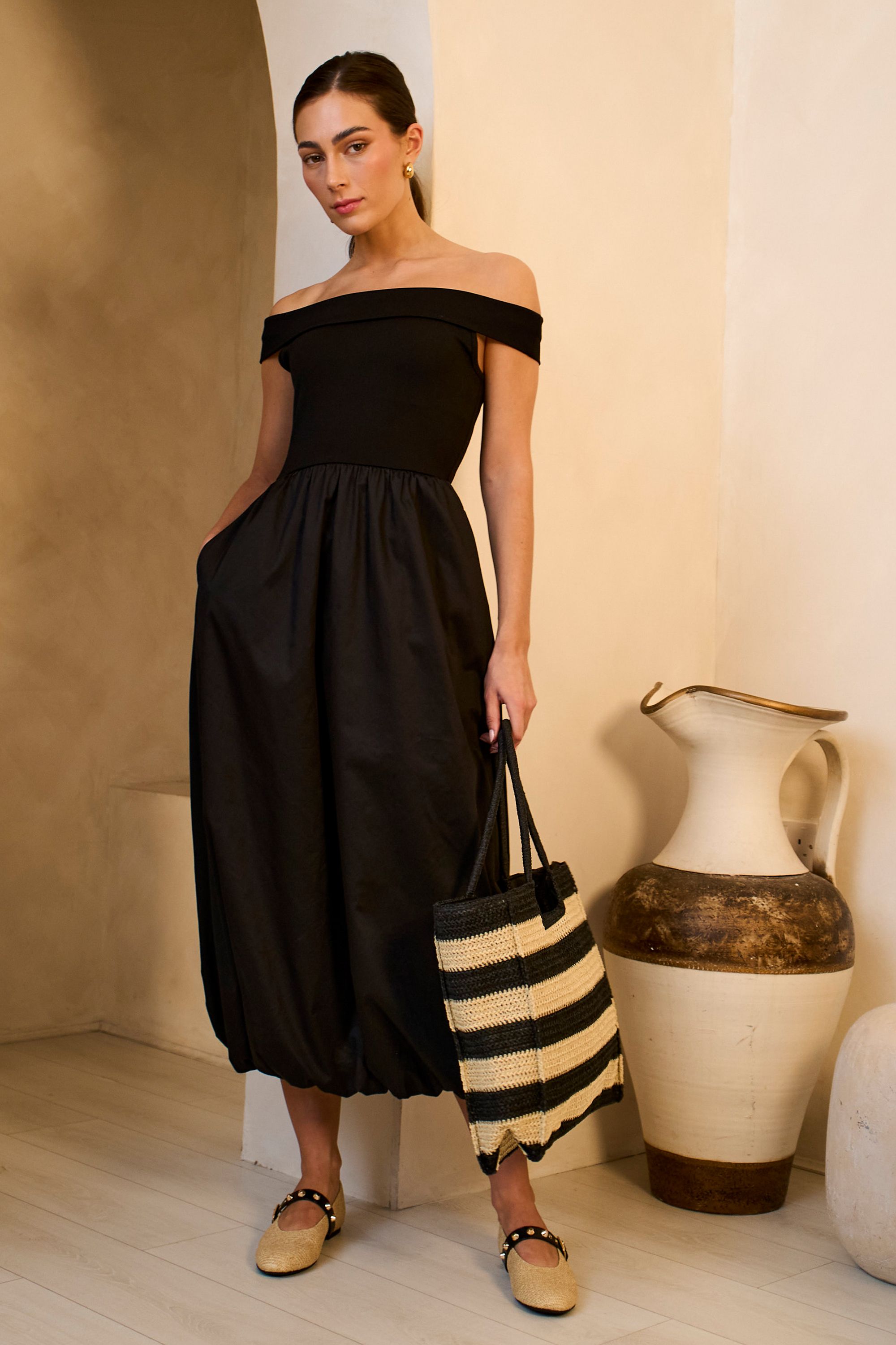 Gini London Black Bardot Jersey Mix Puff Ball Midi Dress