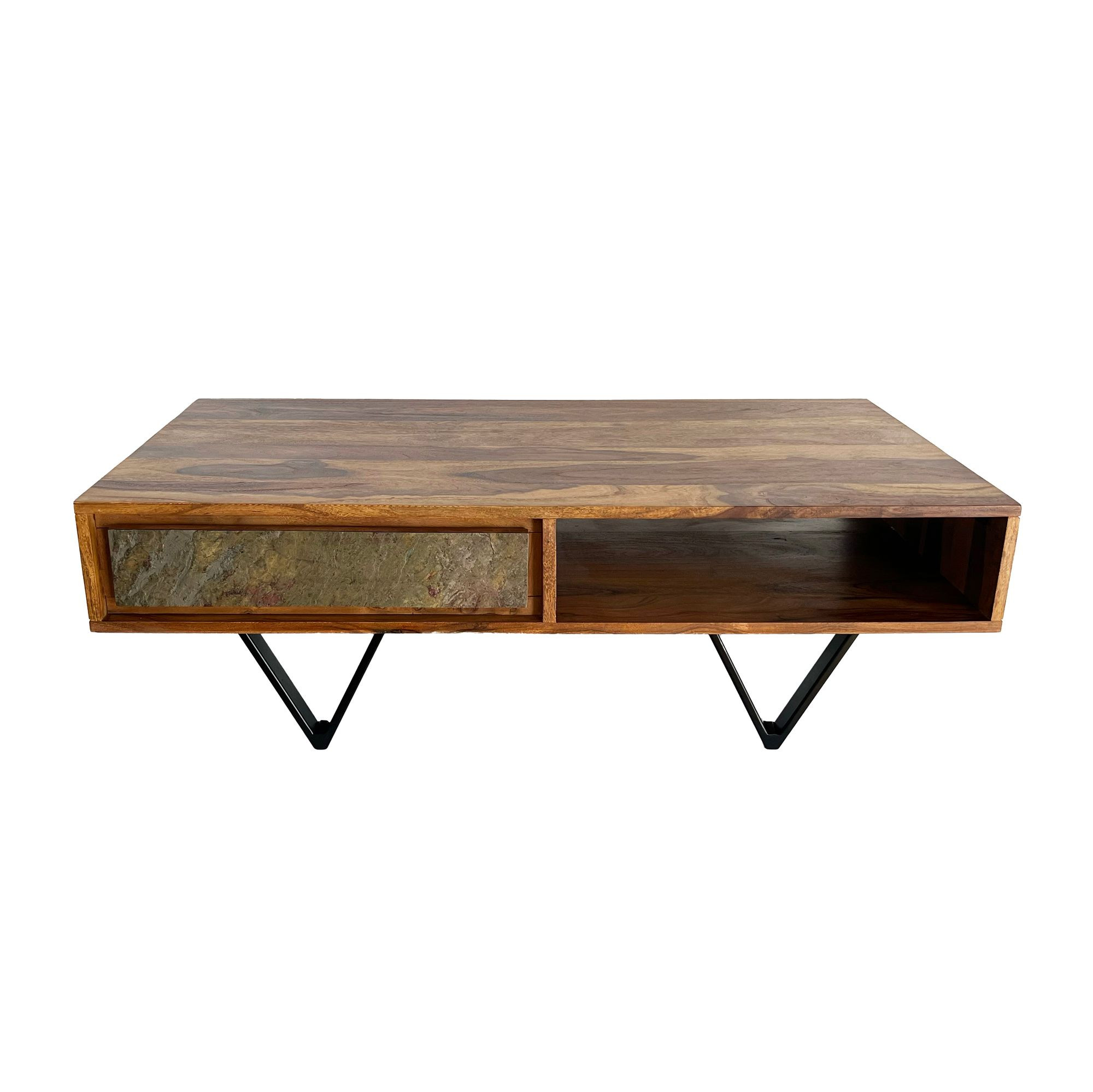 Stolik Kawowy z Drewna Sheesham 115 cm 2 Szuflady Półka Metal Czarny
