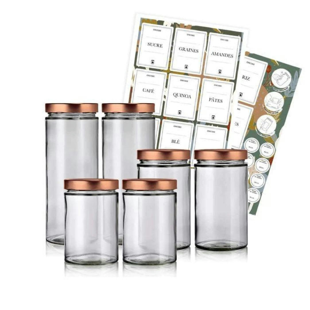 PACK EPICERIE - Pack épicerie - 6 bocaux couvercles cuivre + étiquettes