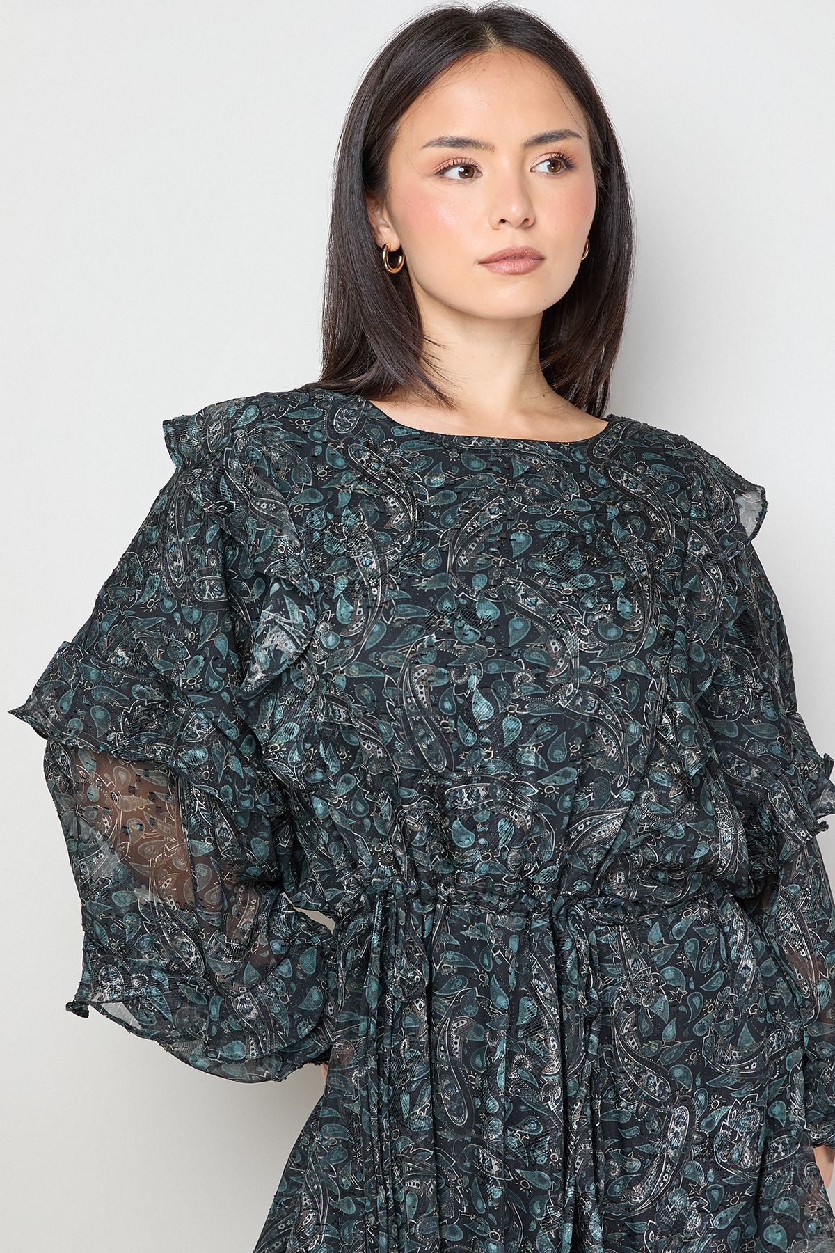 Oasis Printed Ruffle Batwing Sleeve Mini Dress