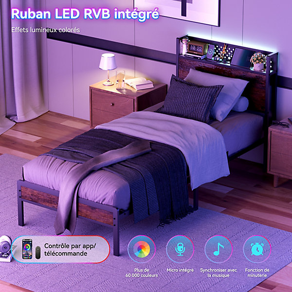 Cadre de Lit 90x200 cm avec LED, Sommier Lit Simple Marron, Station Charge USB, Rangement sous Lit 22 cm