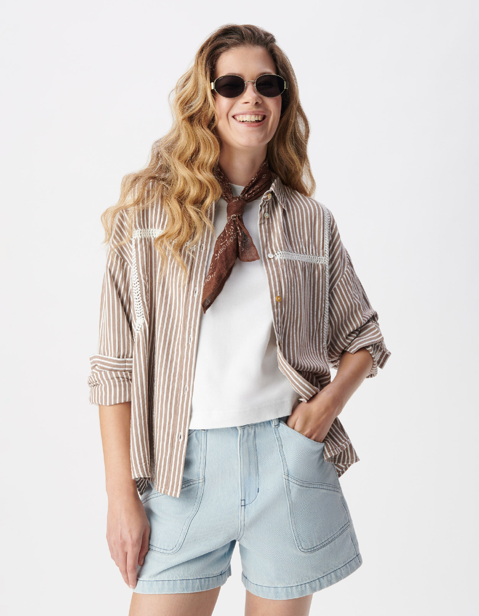 Chemise marron motif rayures galons dentelle Femme