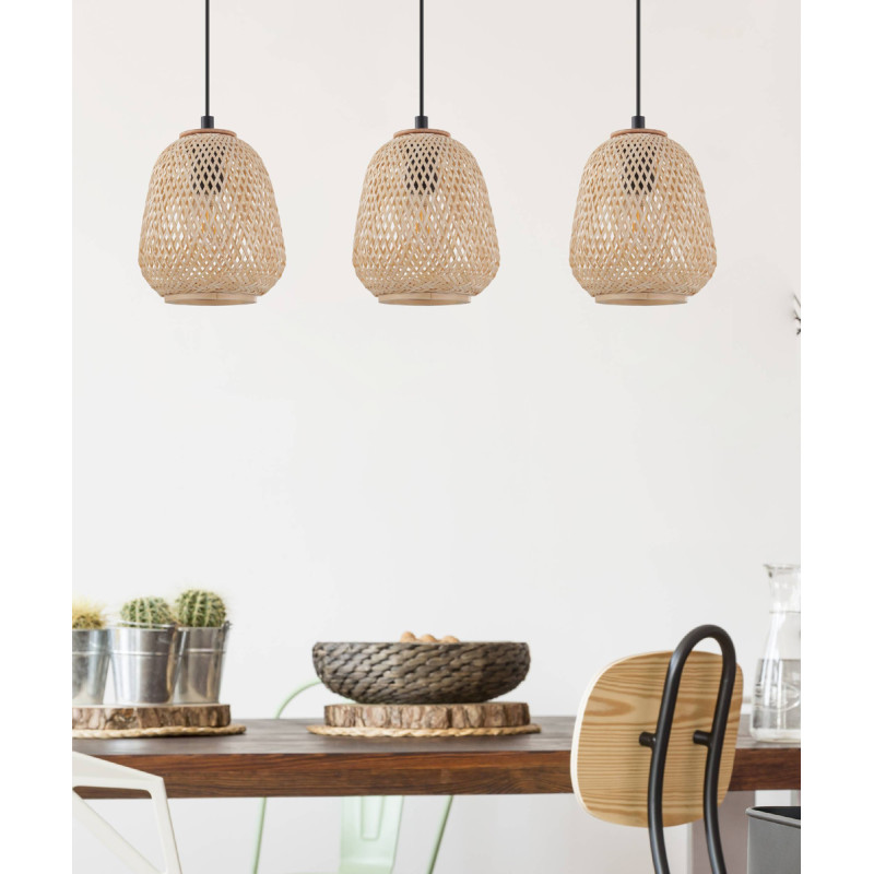 Suspension Dembleby noire et bois naturel E27 3 x 40 W EGLO