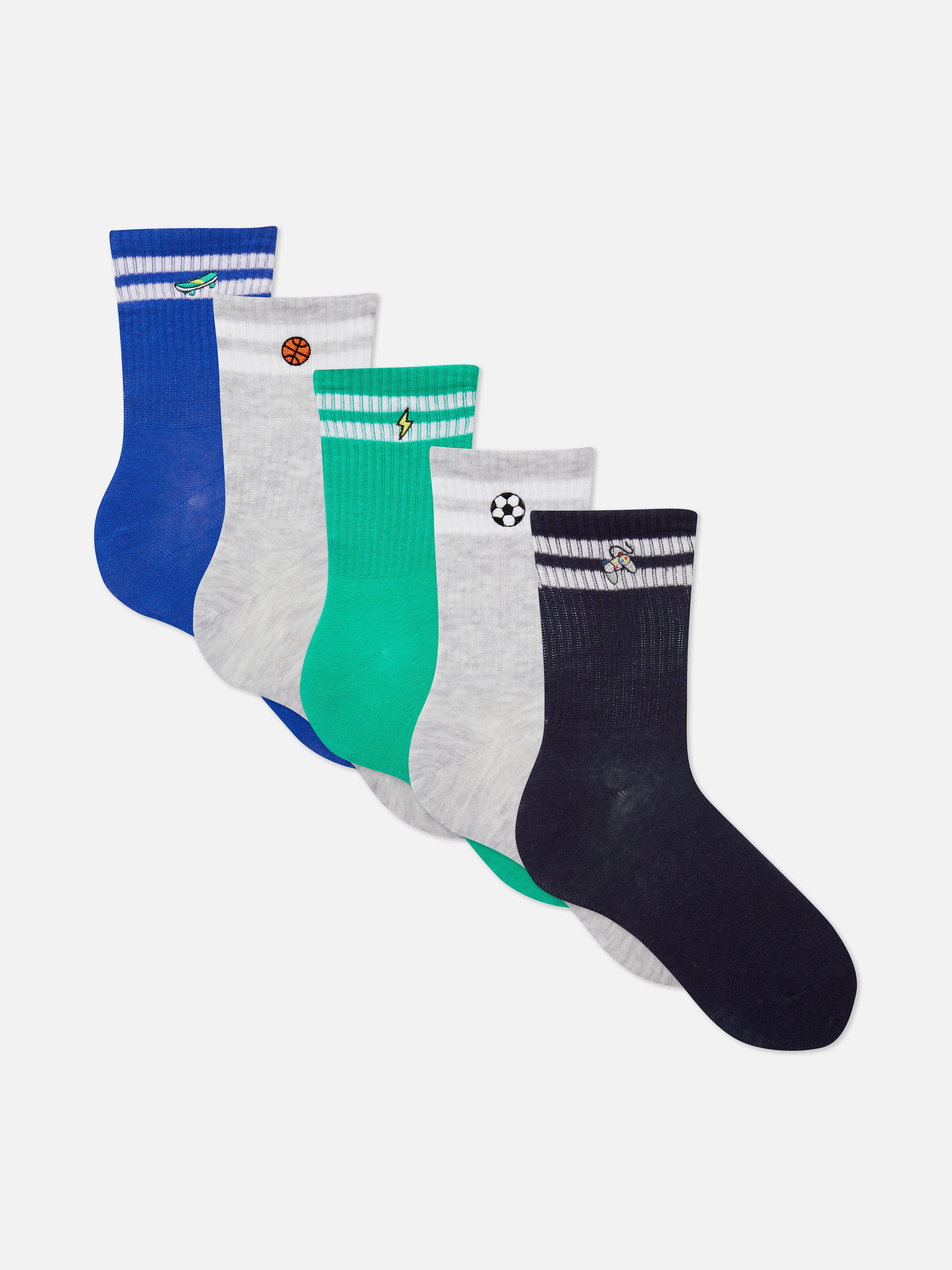 5-Pack Embroidered Ribbed Sports Socks