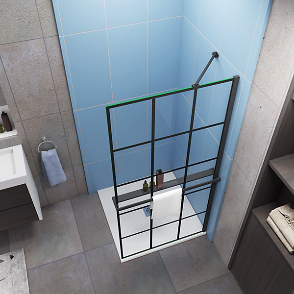 Paroi de douche à l'italienne noir 100x200cm   étagère de Douche 100cm alu - 8mm Verre sécurité   barre de fixation noir 45cm