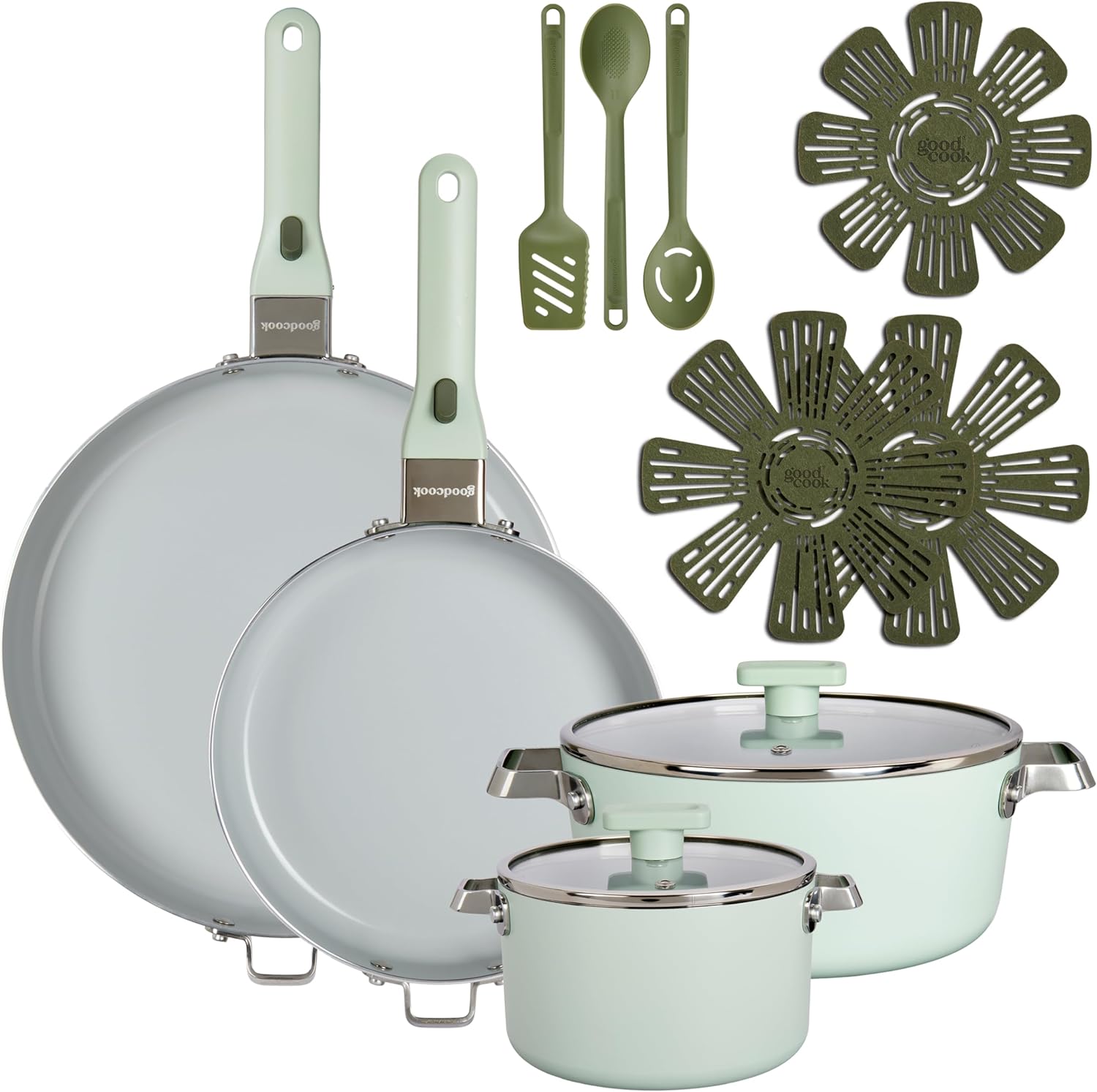 GoodCook Ceramic Cookware Set 14-Piece with Removable Handles, Nonstick Pots & Pans, Induction & Oven Safe, Sage Green