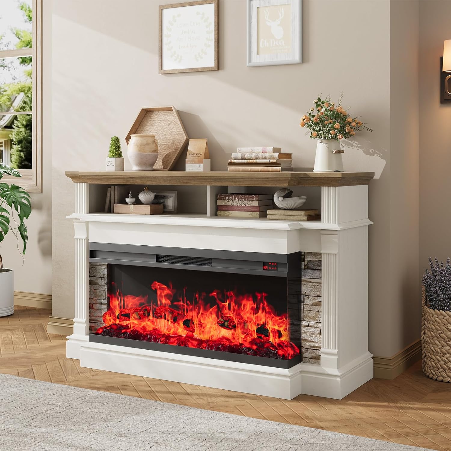 QUW Fireplace TV Stand for TVs up to 65, Farmhouse 52 Fireplace Entertainment Center with 36 3-Side Glass Electric Fireplace, TV Console with Open Storage Shelves for Living Room, Antique White