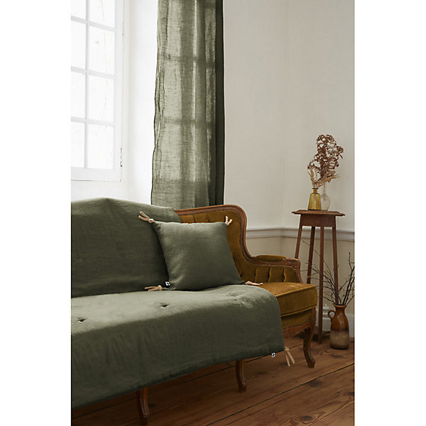 édredon 150 x 150 cm lin lavé vert avec 4 nouettes en jute - LUISA