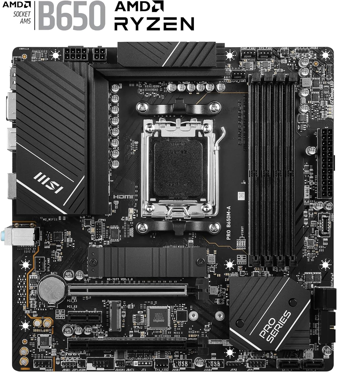 MSI PRO B650M-A WiFi V1 Motherboard, Micro-ATX - Supports AMD Ryzen 9000/8000 / 7000 Series Processors, AM5 - DDR5 Memory Boost 6000+MHz/OC, 2 x PCIe 4.0 x16, 2 x M.2 Gen4, 2.5G LAN