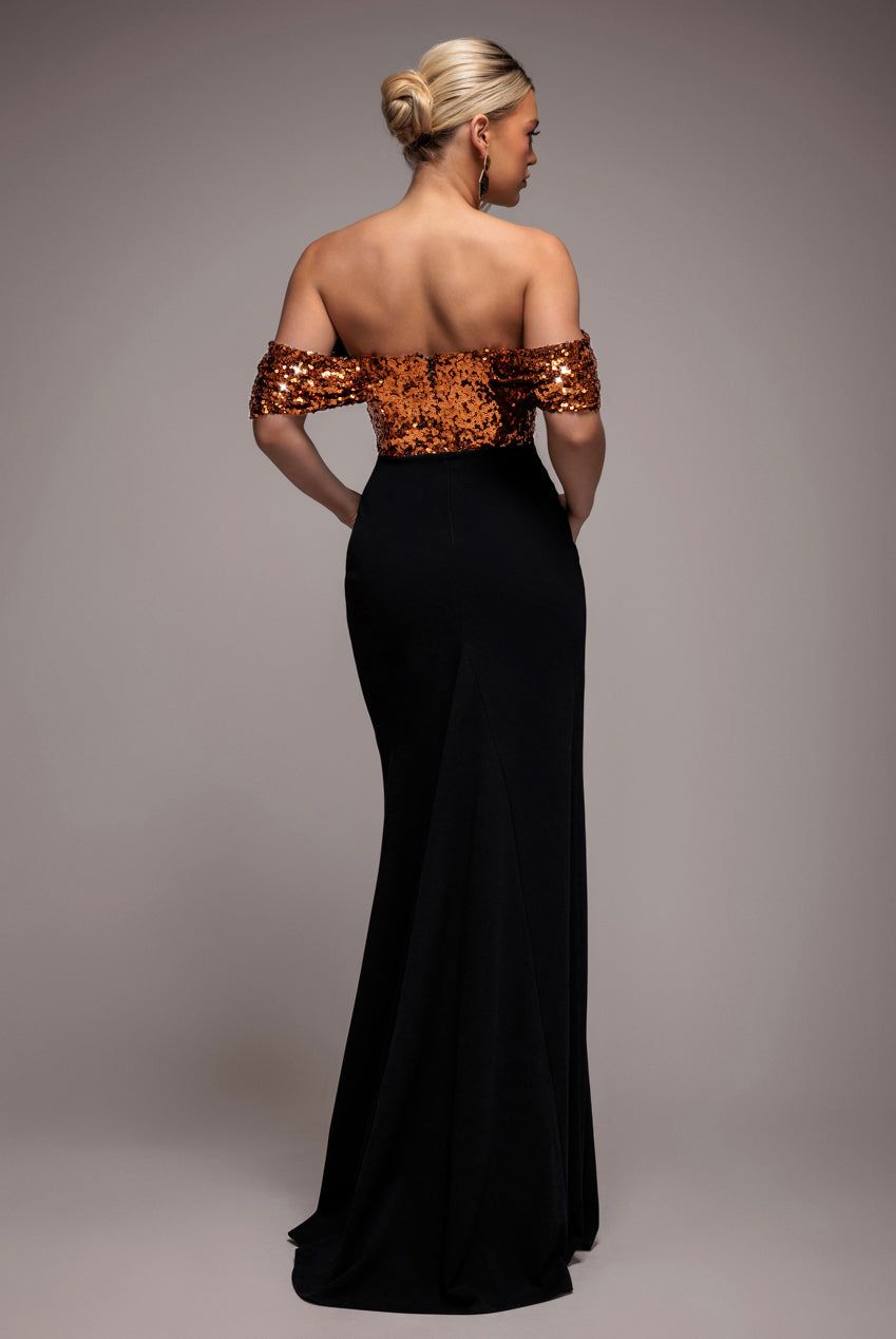 Goddiva Corset Sequin Wing Bodice Scuba Skirt Maxi Dress