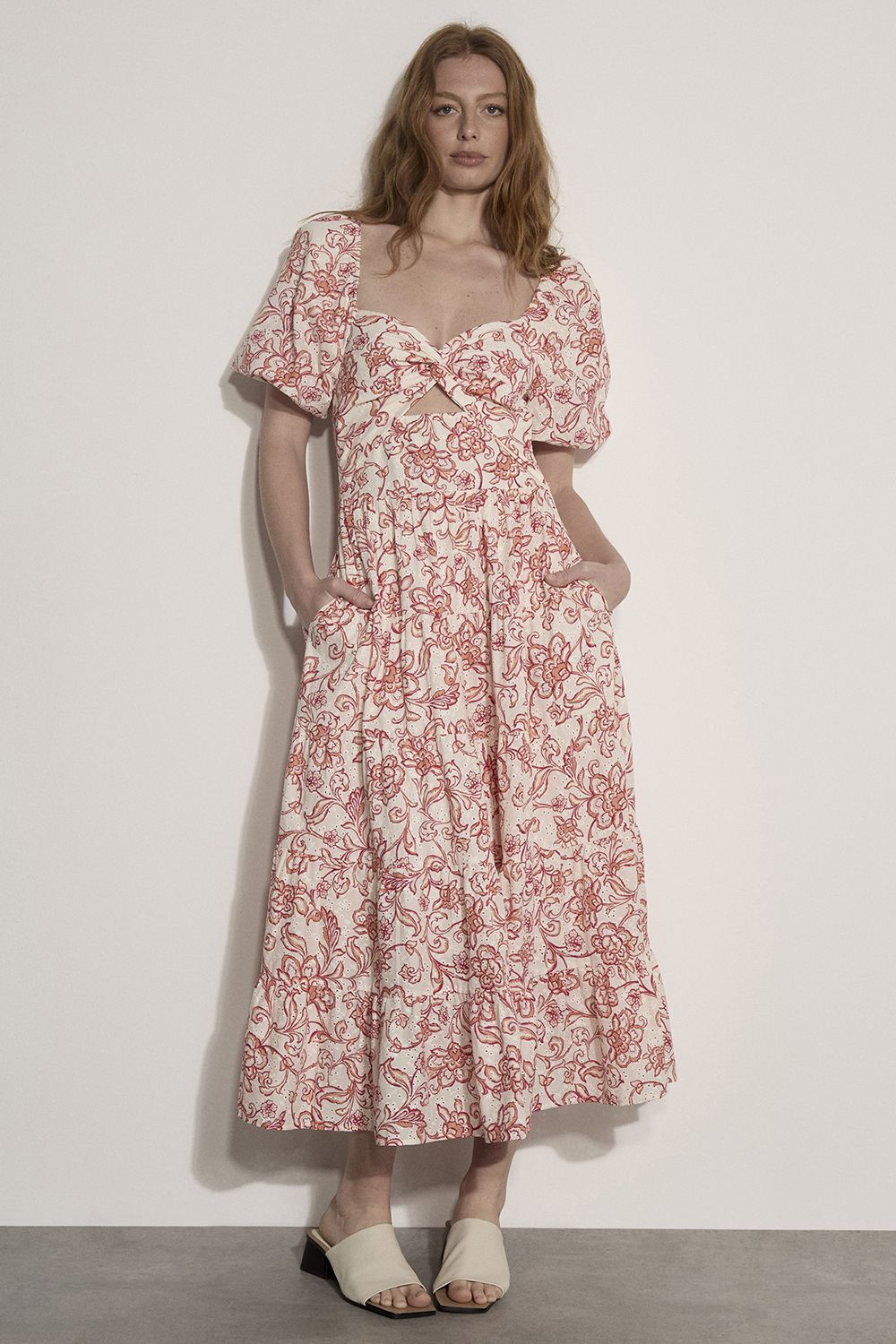 Apricot Floral Print Cotton Broderie Maxi Dress