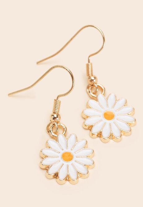 Womens Gold Daisy Charm Pendant Drop Earrings