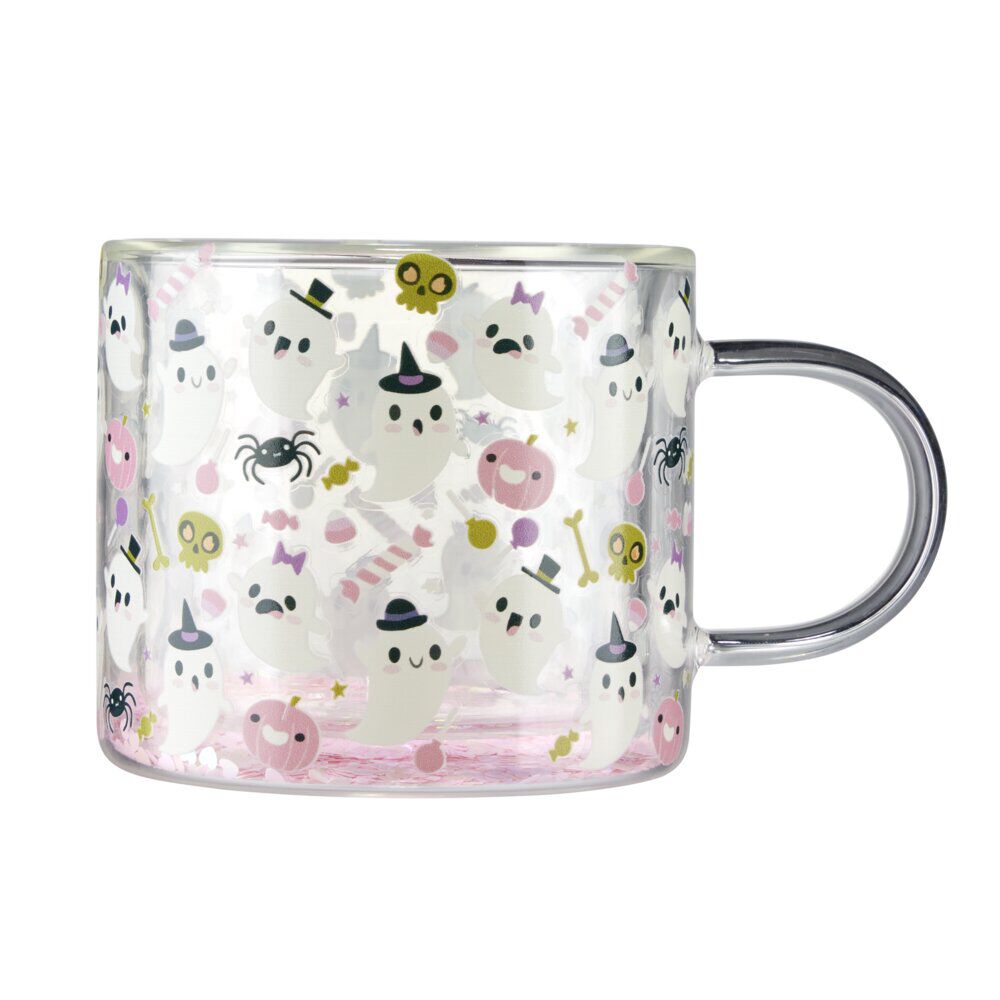 Mug Halloween double paroi 25cl motif fantôme verre rose 12,5x8,5xH10cm