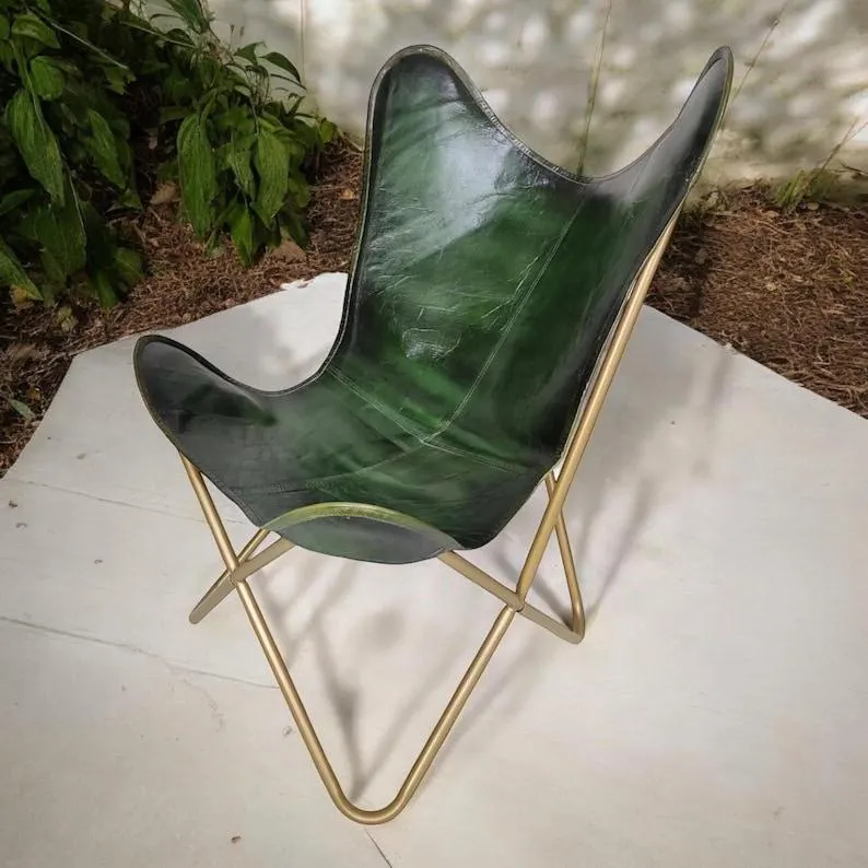 Green Leather Butterfly Chair – Handmade Accent Chair, Mid Century Modern Lounge Chair, Luxury Gold Frame Chair, Boho Living Room Furniture