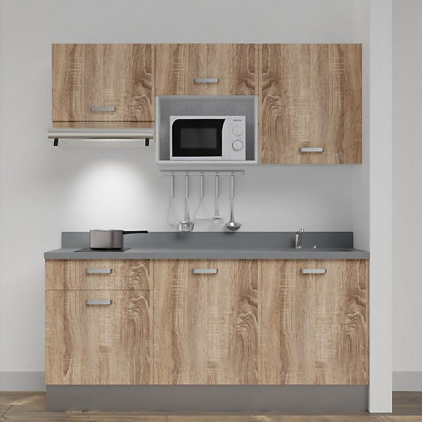 Kitchenette K30 - 180 cm - façades Bois - Plan monobloc en quartz coloris Cromo évier à droite