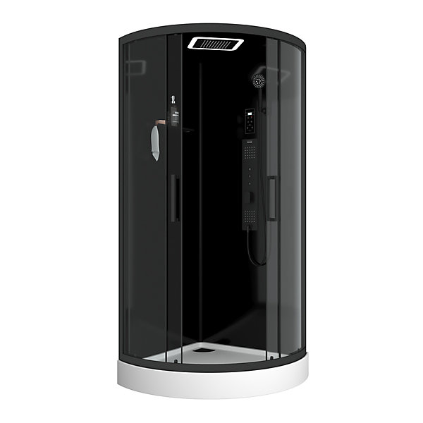 Cabine de douche 1/4 de cercle l.95 x L.95 x H.215 cm – hydromassante connectée, Bluetooth, noir &blanc, Galedo Round Aura