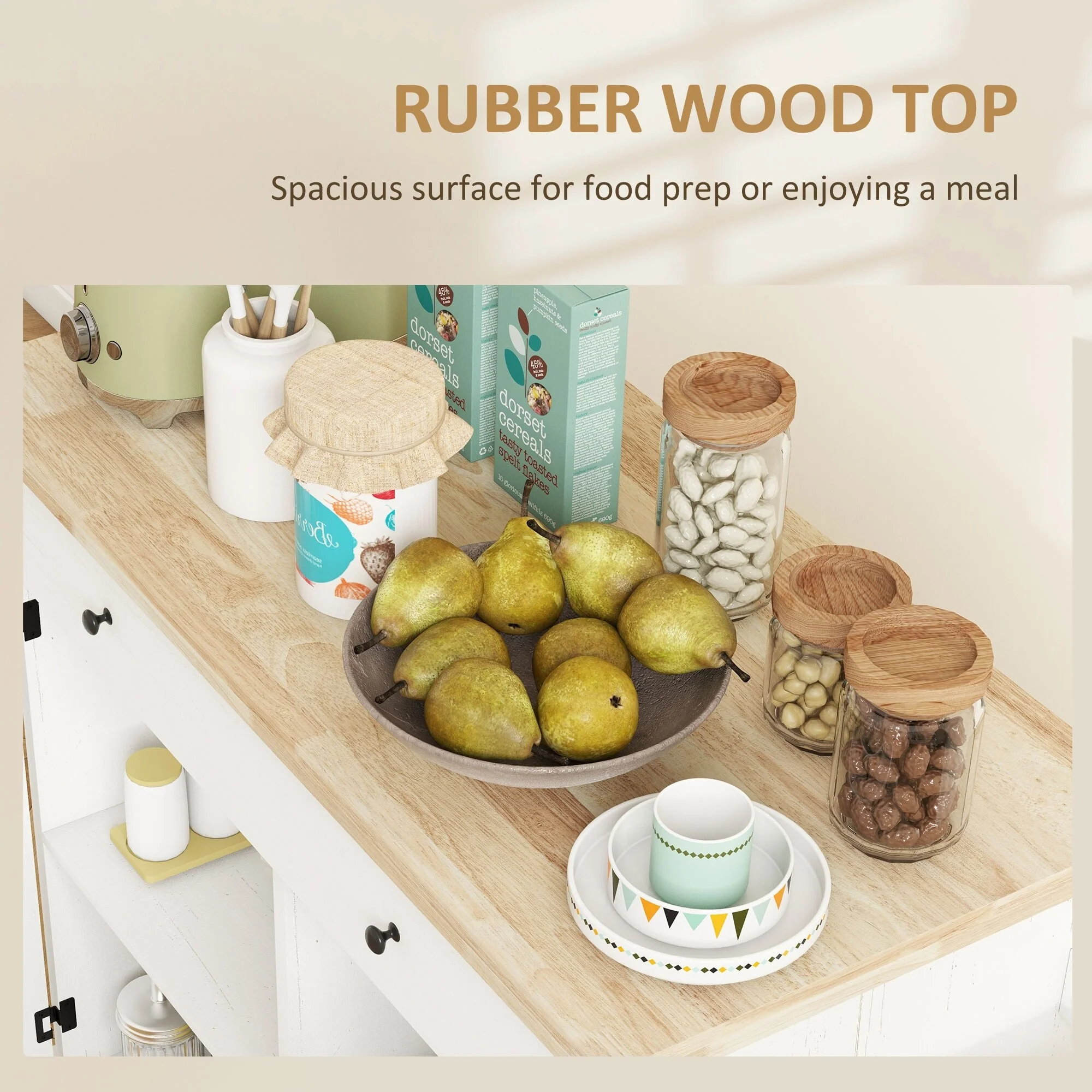 Rolling Kitchen Island Cart on Wheels with Drawer, 2 Cabinets, Rubberwood Top, Spice Rack, Towel Racks and 2 Hooks