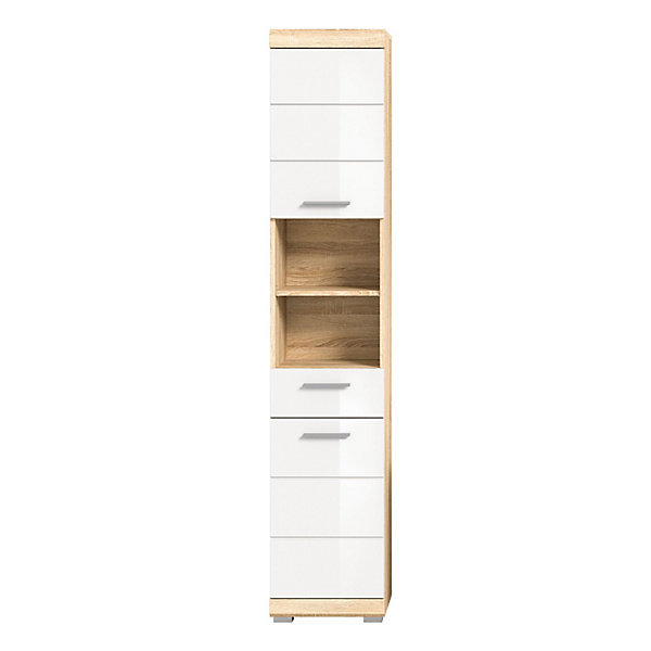 Colonne de salle de bain RIDLEY2 portes, 1 tiroir et 2 niches visiblesBlanc et chene clair