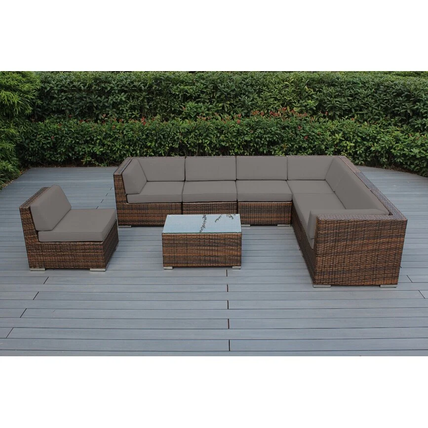 Ohana Outdoor Patio 8 Piece Mixed Brown Wicker Sectional with Cushions - No Assembly
