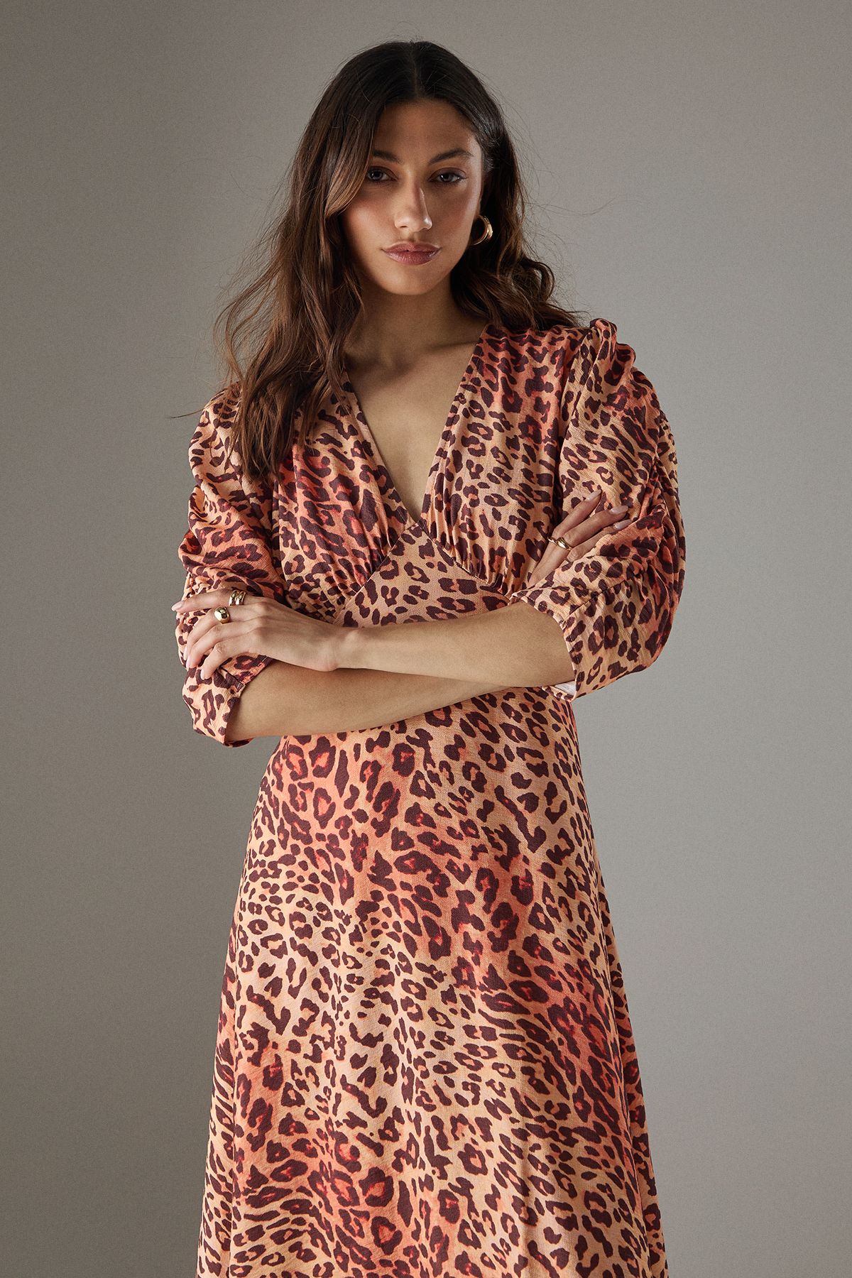 Warehouse Viscose Leopard V Neck Puff Sleeve Midi Dress