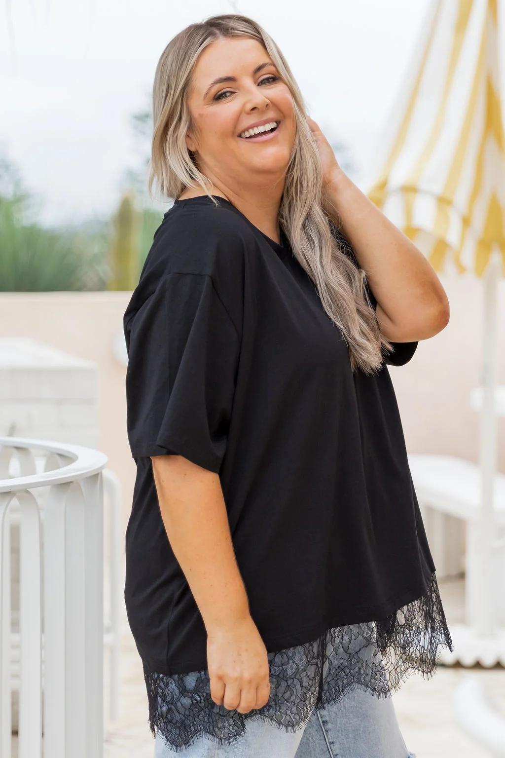 Lola Lace Trim Tee in Black