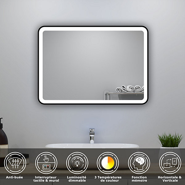 Meuble Salle de Bain 60cm Blanc simple vasque   miroir lumineux 3 couleurs   dimmable