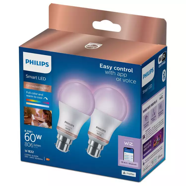 Philips WiZ A60 B22 Colour Smart Light Bulb - Pack of 2