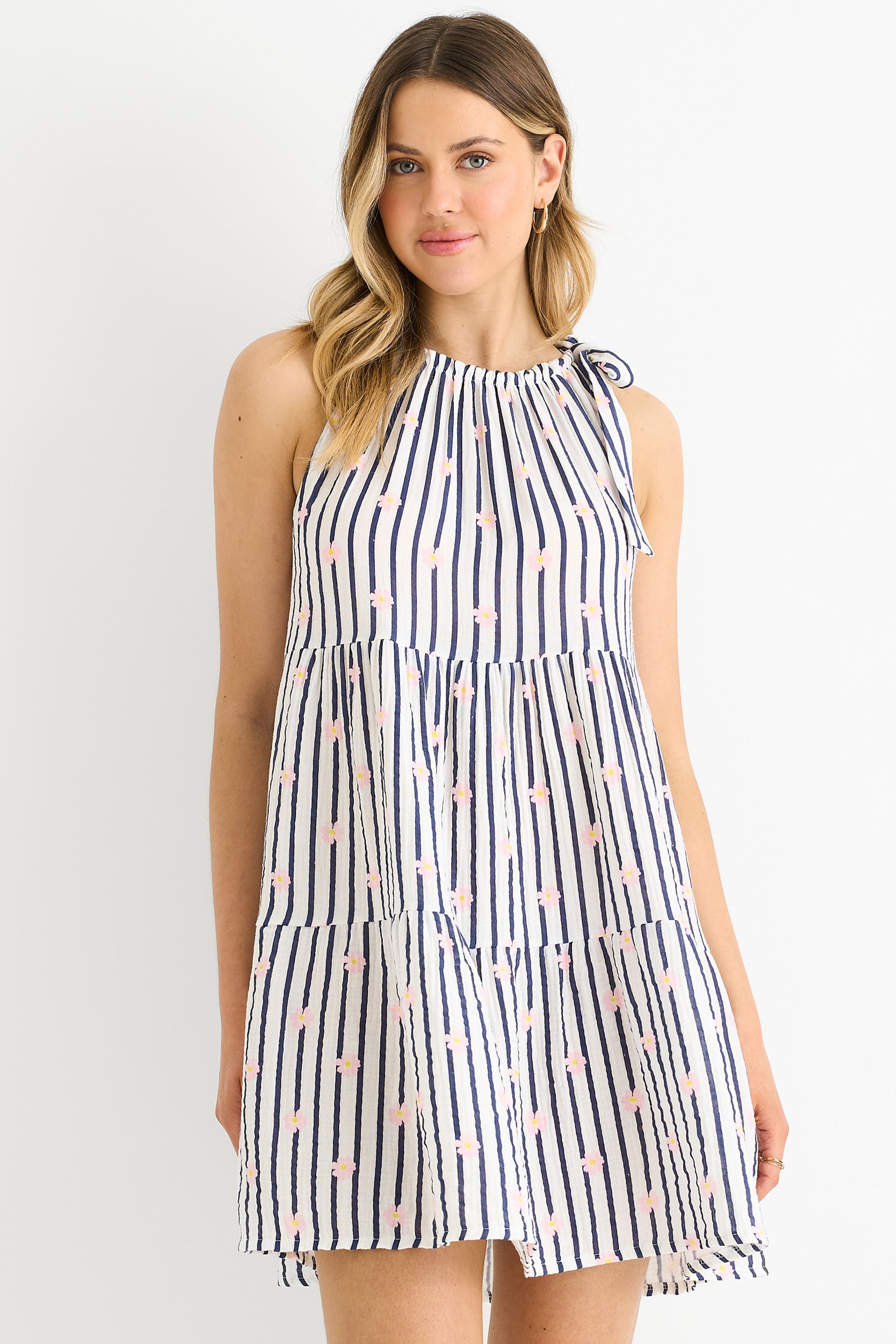 Gini London Navy Floral Stripe Cotton Tie Summer Mini Dress