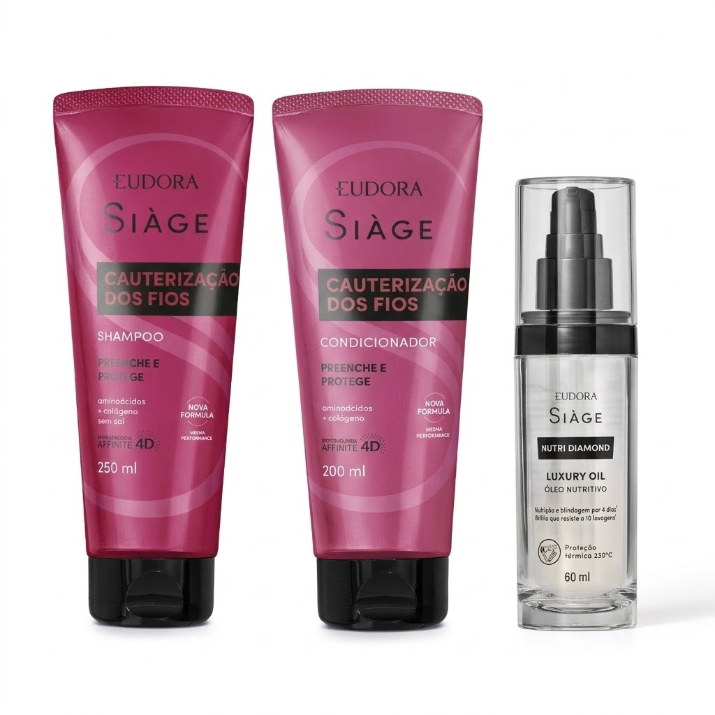 Combo Siàge Cauterização dos Fios e Nutri Diamond: Shampoo 250ml   Condicionador 200ml   Óleo Nutritivo 60ml