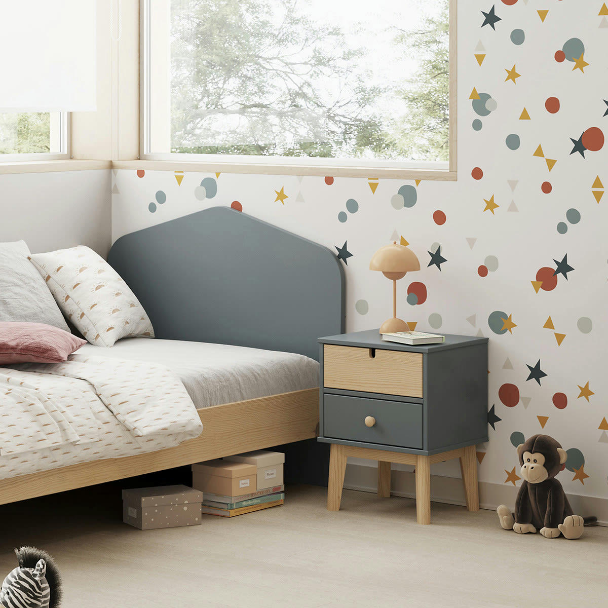 LUCY - Table de chevet 2 tiroirs blanc / vert kaki