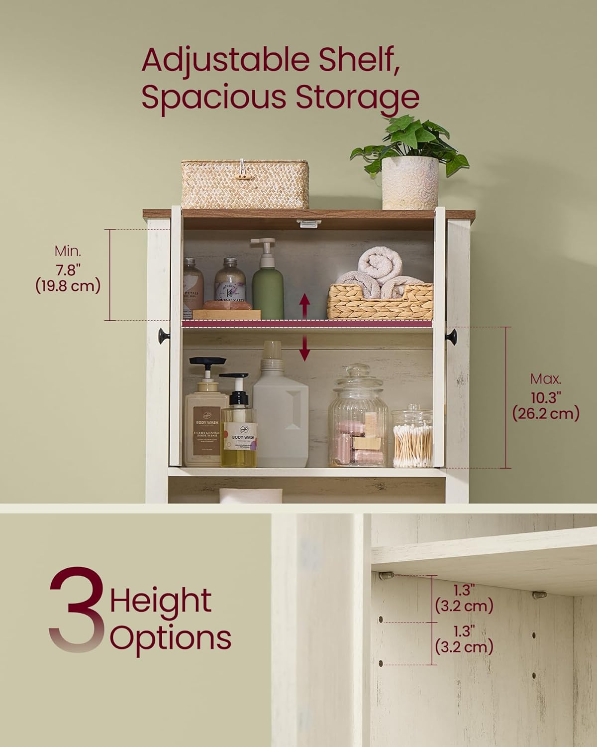 VASAGLE LIRY Collection - Over-The-Toilet Storage Cabinet, 23.6-Inch Wide Farmhouse Bathroom Organizer, with Barn Doors, Adjustable Shelf, Space-Saving, Rustic White UBTS026W01