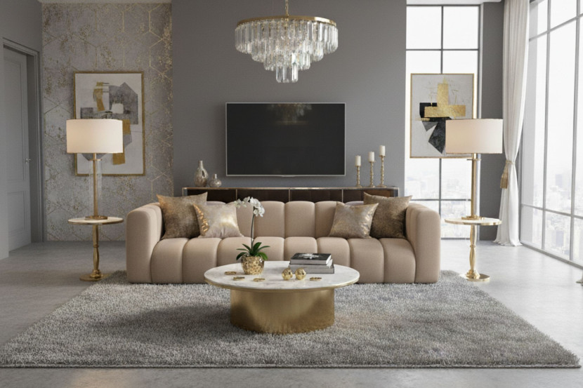 Kanapa, sofa czteroosobowa Grand, tkanina welurowa Salvador, Beżowy