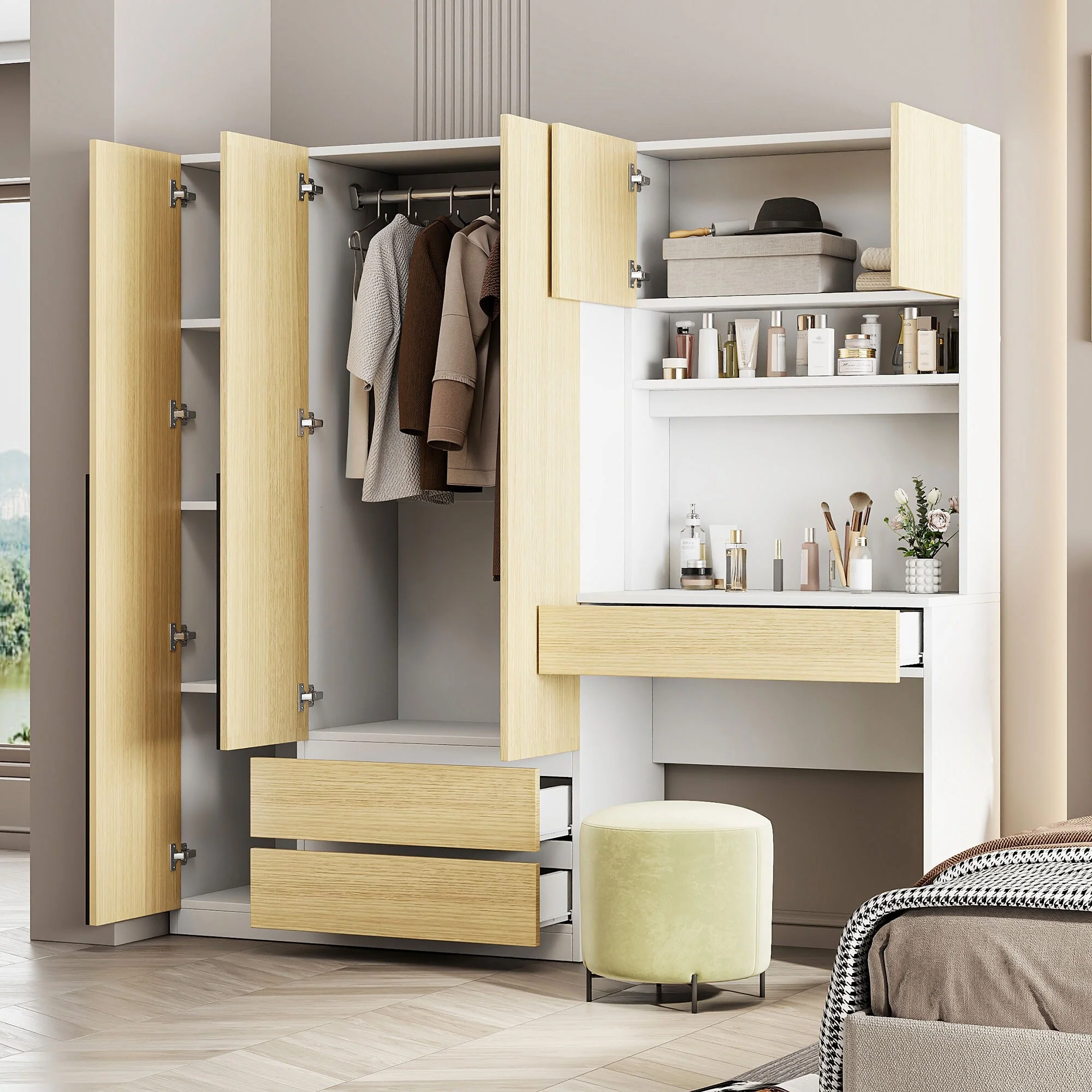 3-Door Wooden Storage Desk Wardrobe for Bedroom with Shelves and 3 Drawers