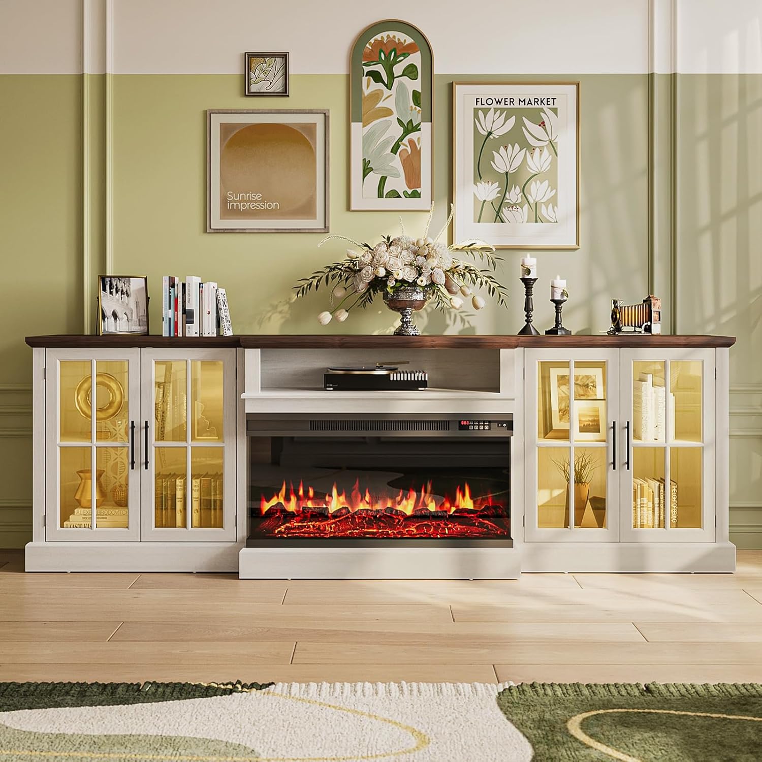 98 Farmhouse TV Stand with 36 Fireplace for TVs up to 100, Media Entertainment Center with Adjustable Shelves and Large Storage Cabinets, for Living Room, White & Black
