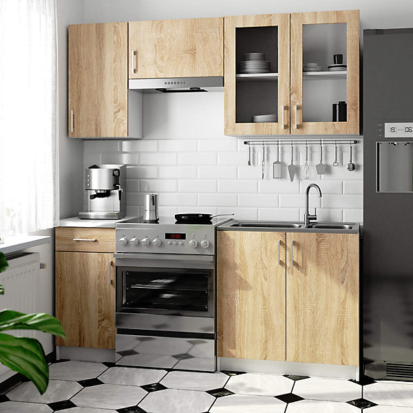 Ensemble de cuisine vitré AKORD LIMA 1.8m H720 Blanc 180 cm 7 portes 1 tiroir façade Chêne Sonoma 8 étagères 180x44,5x203 cm