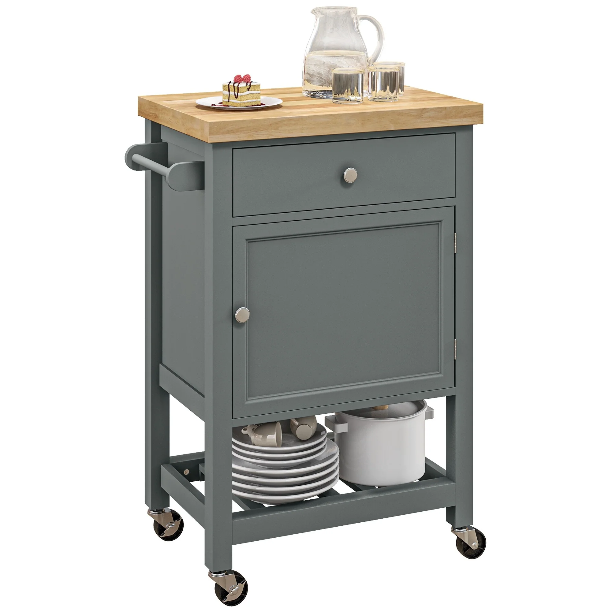 HOMCOM Utility Kitchen Cart, Rolling Kitchen Island with Smooth Rubberwood Top, Narrow Butcher Block Surface on Wheels