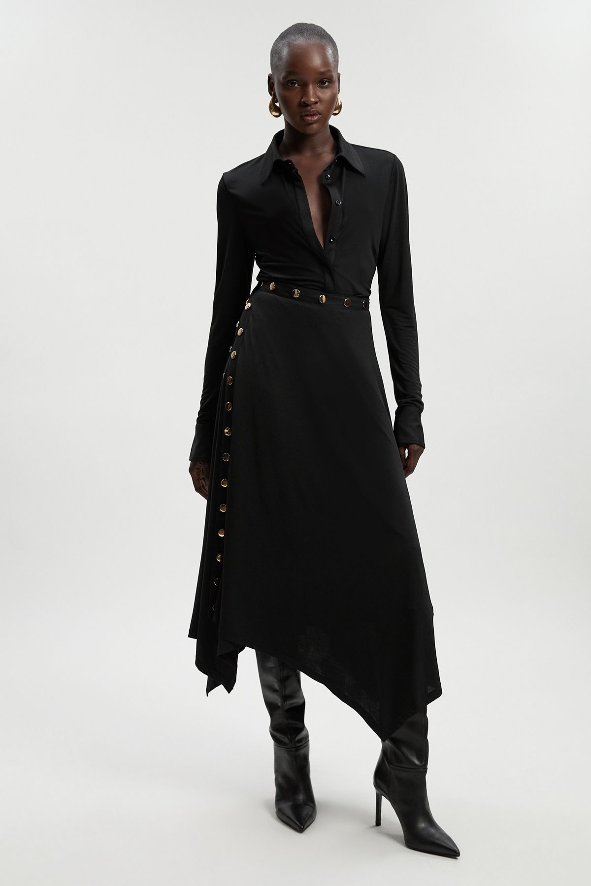 KarenMillen Drapey Crepe Hanky Hem Eyelet Detail Maxi Skirt