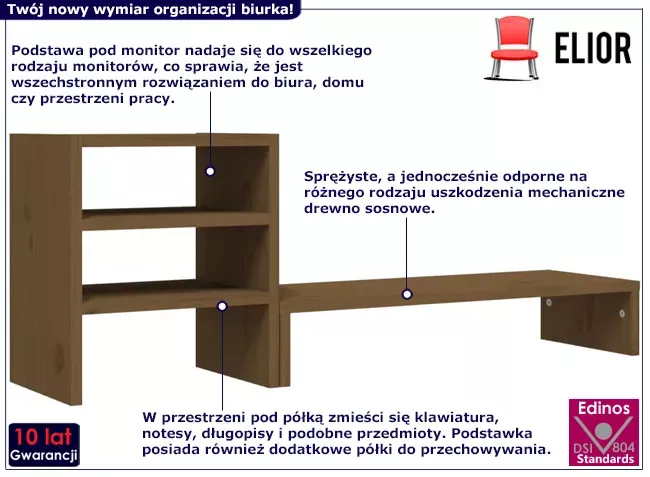 Klasyczna półka na biurko z drewna sosnowego miodowy brąz - Matica