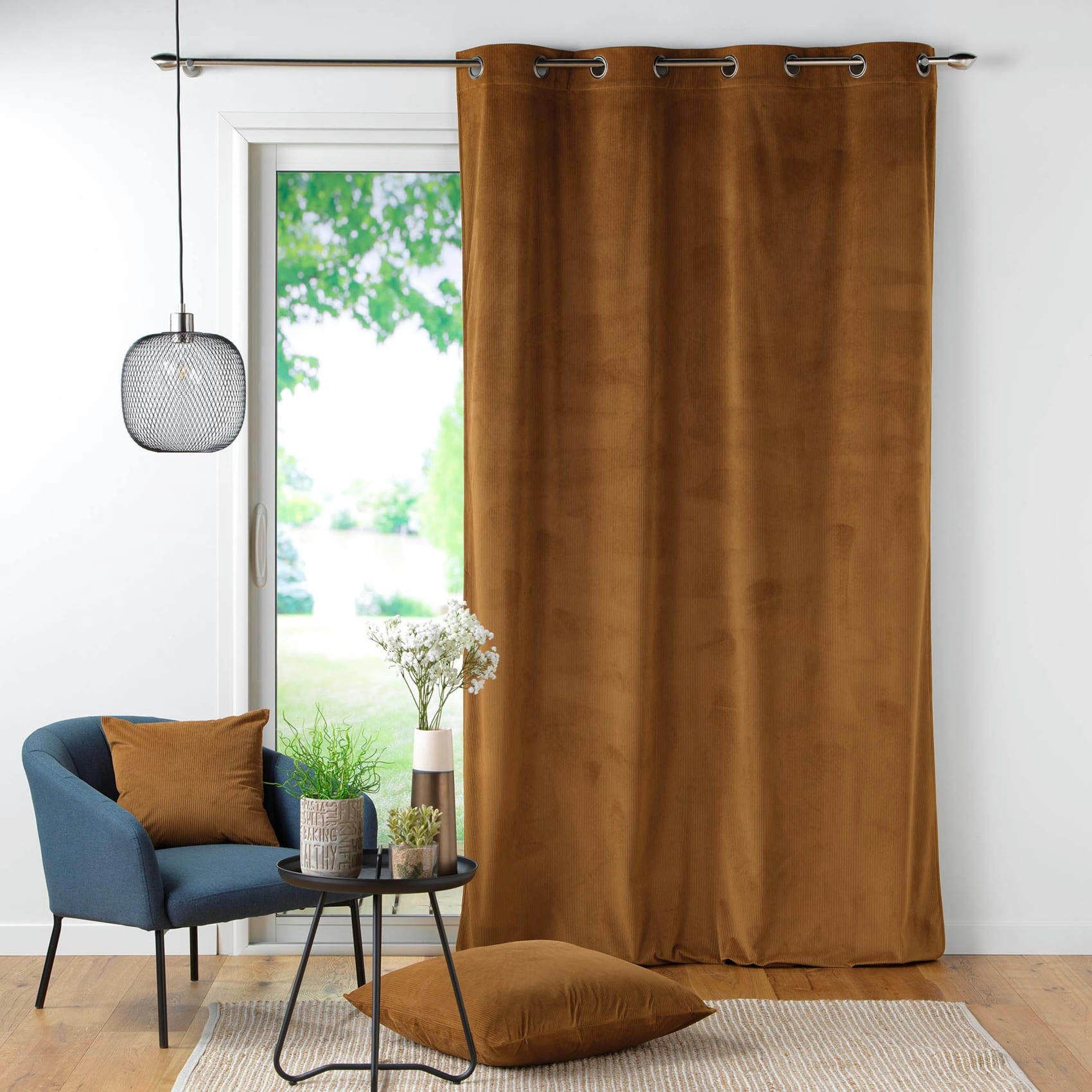 - Rideau tamisant uni en velours côtelé marron brun 140x260 cm
