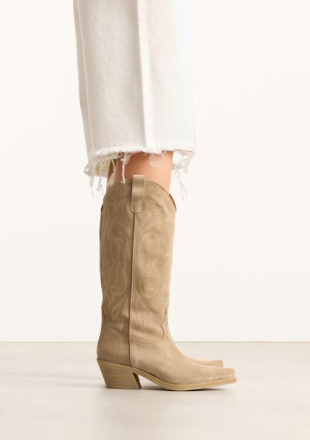 Beige suède cowboylaarzen met stiksels