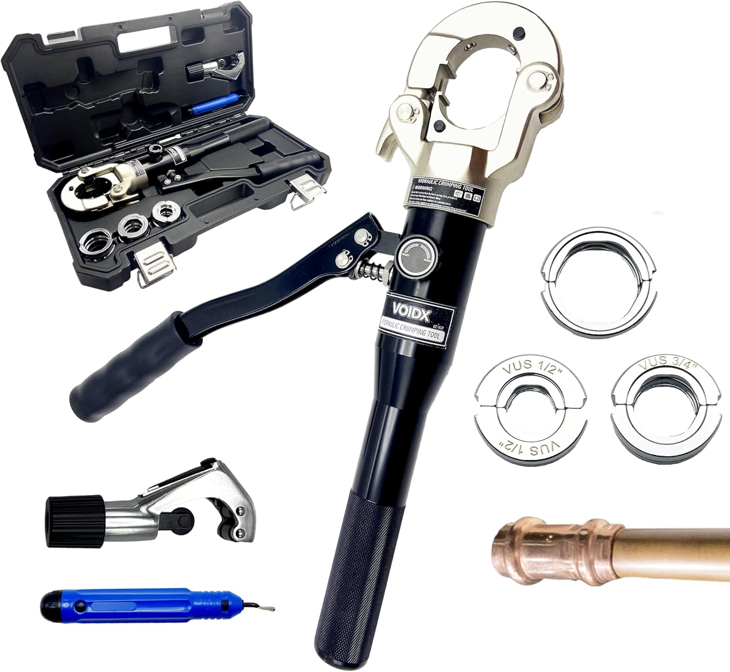 VOIDX Hydraulic Crimping Tool Propress Crimper for Copper Pipe Fittings with 1/2 3/4 1 Inch Jaws Works in Narrow Spaces and on Straight Bend Fittings Includes Carrying Case