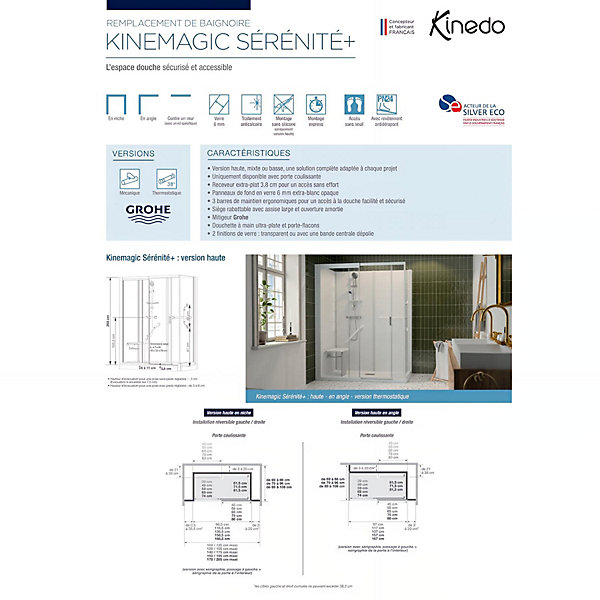 Cabine de douche Kinedo Kinemagic Sérénité Plus 120x80 niche mixte coulissante verre transparent avec mitigeur
