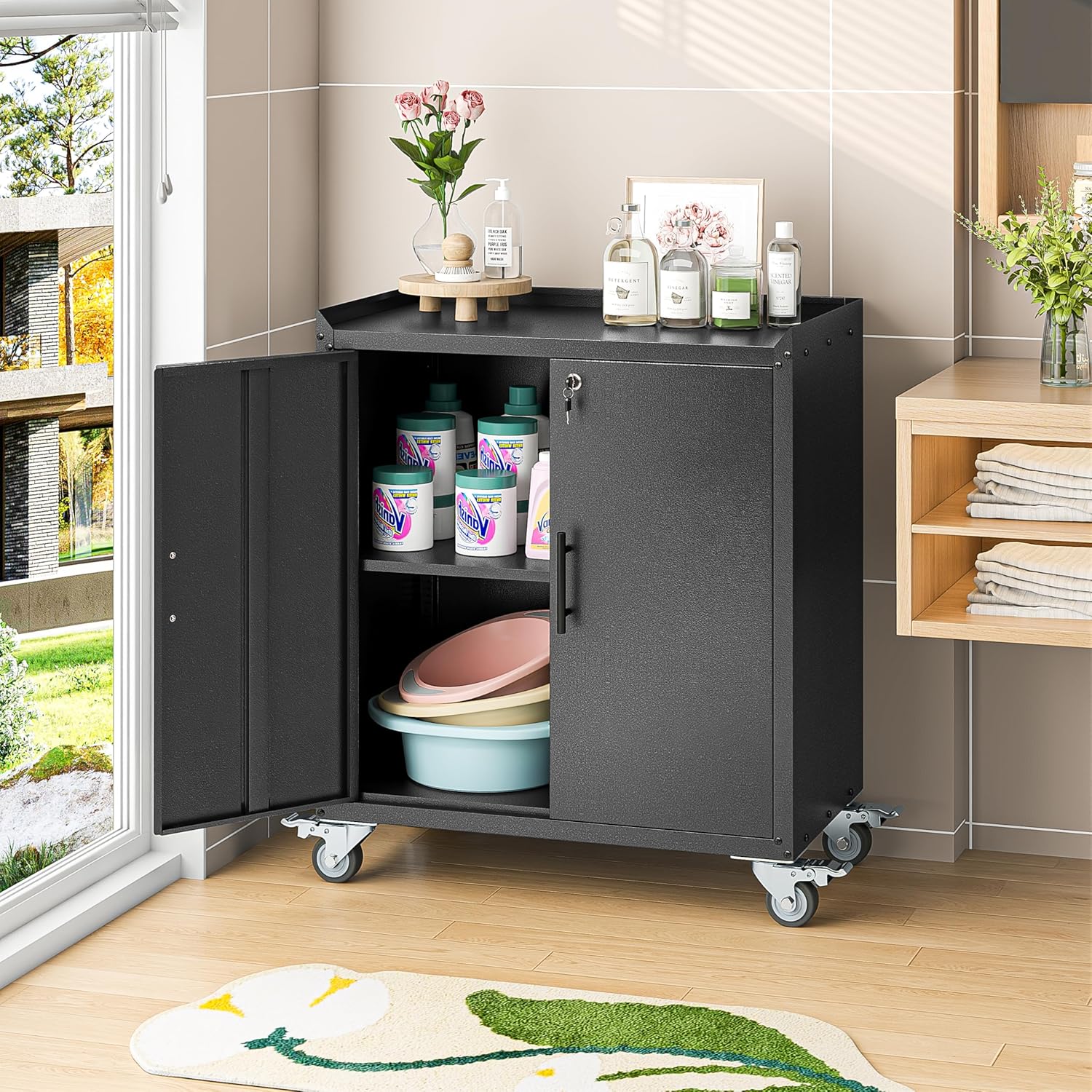Metal Storage Cabinet with Wheels,Rolling Tool Cabinets with Doors and Adjustable Shelves,Lockable Garage Storage Cabinet,Heavy Duty Tool Chest for Home Office Utility Room,Assembly Required