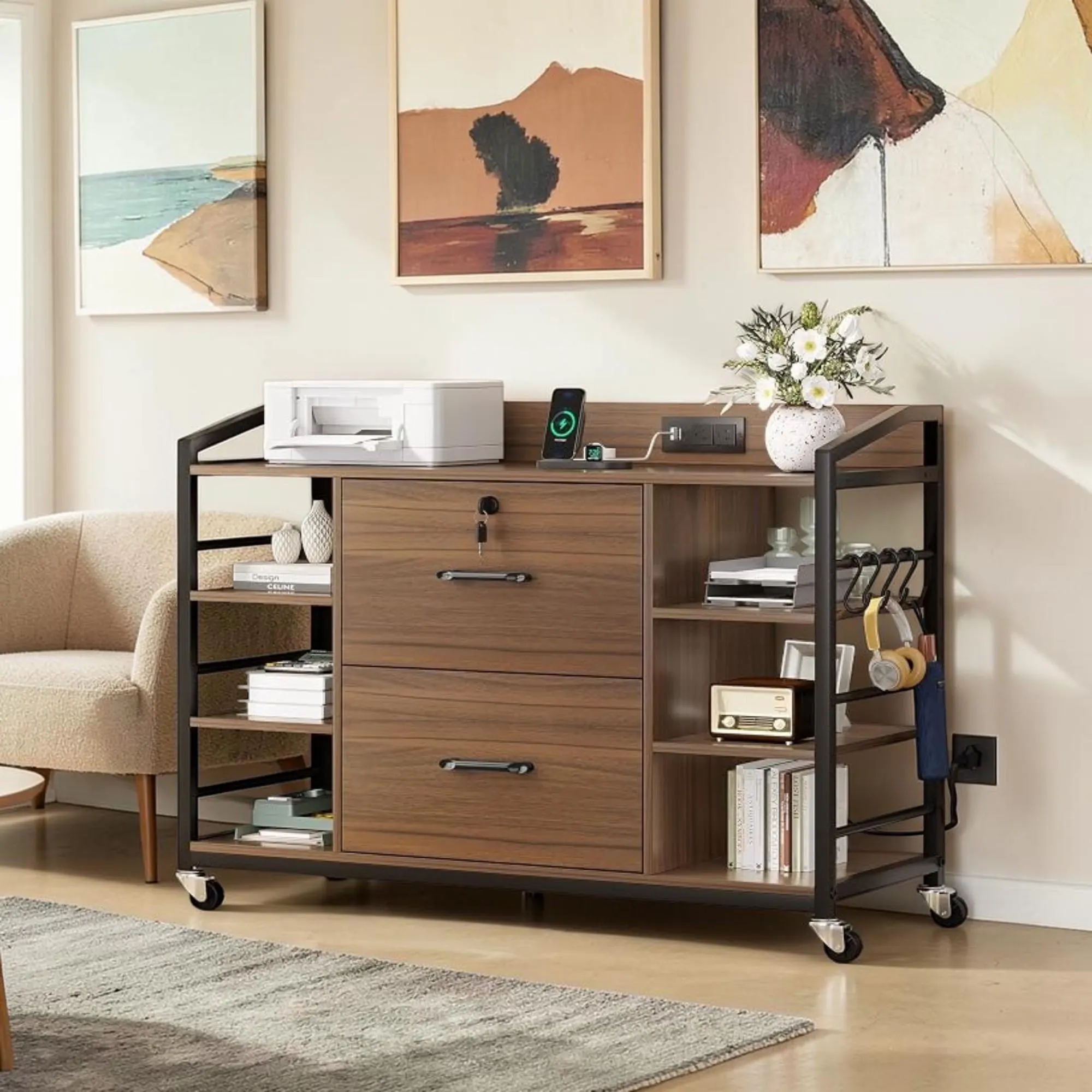 Walnut Lateral File Cabinet with Lock, Charging Station, Wheels (2-Drawer)