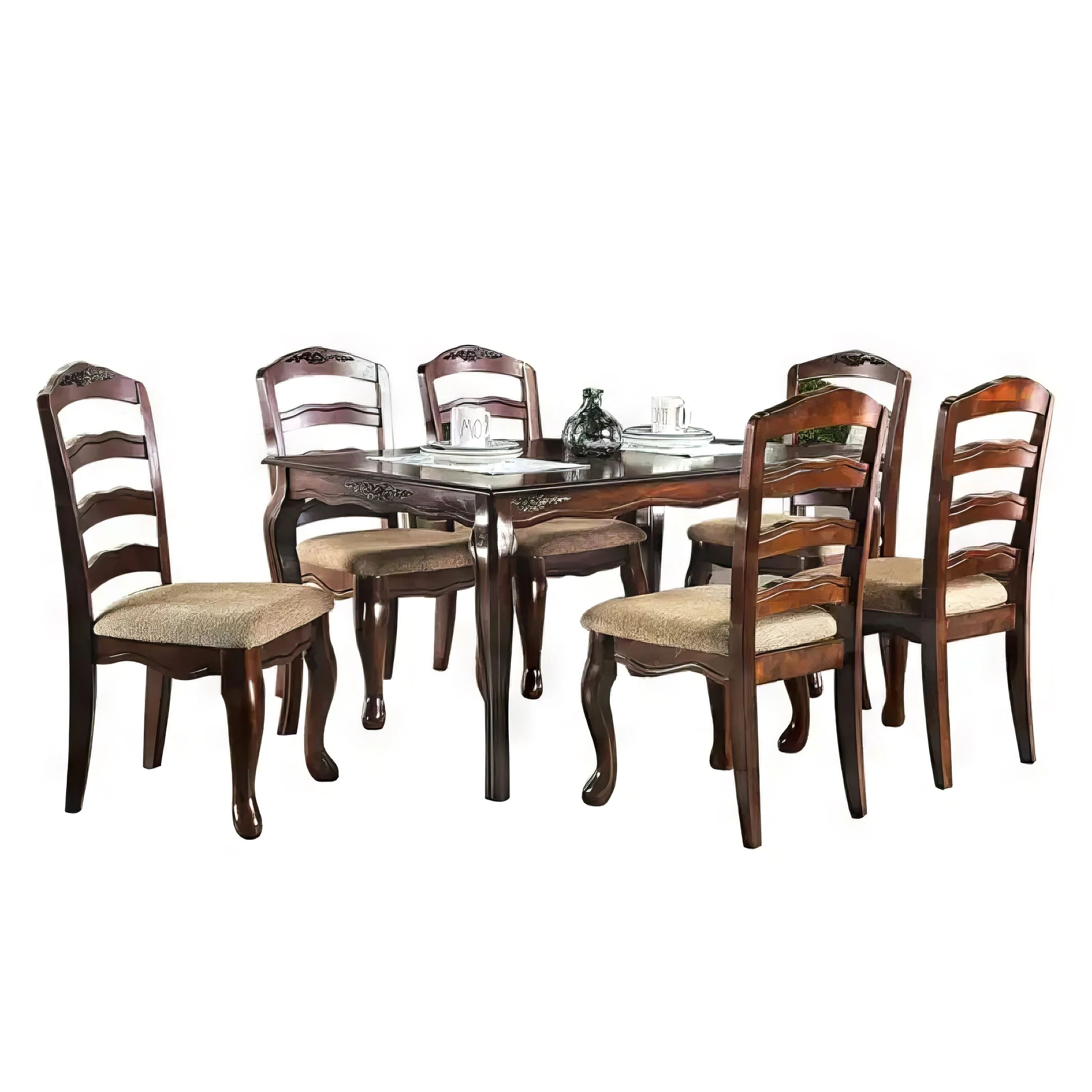 Viny 7pc Dining Table Set with 6 Fabric Chairs, Dark Walnut Solid Wood