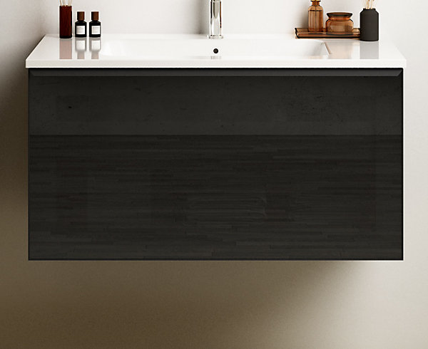 Meuble vasque suspendu noir mat et verre fumé l.90 cm   plan vasque blanc mat résine, Pura